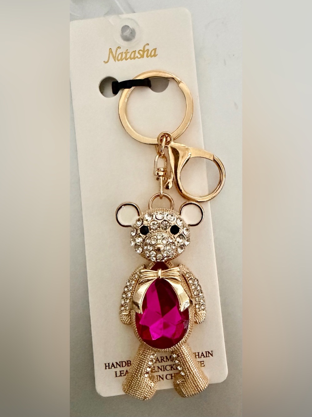 Teddy Bear With Pink Belly Rinestone Bag Charm/ Keychain